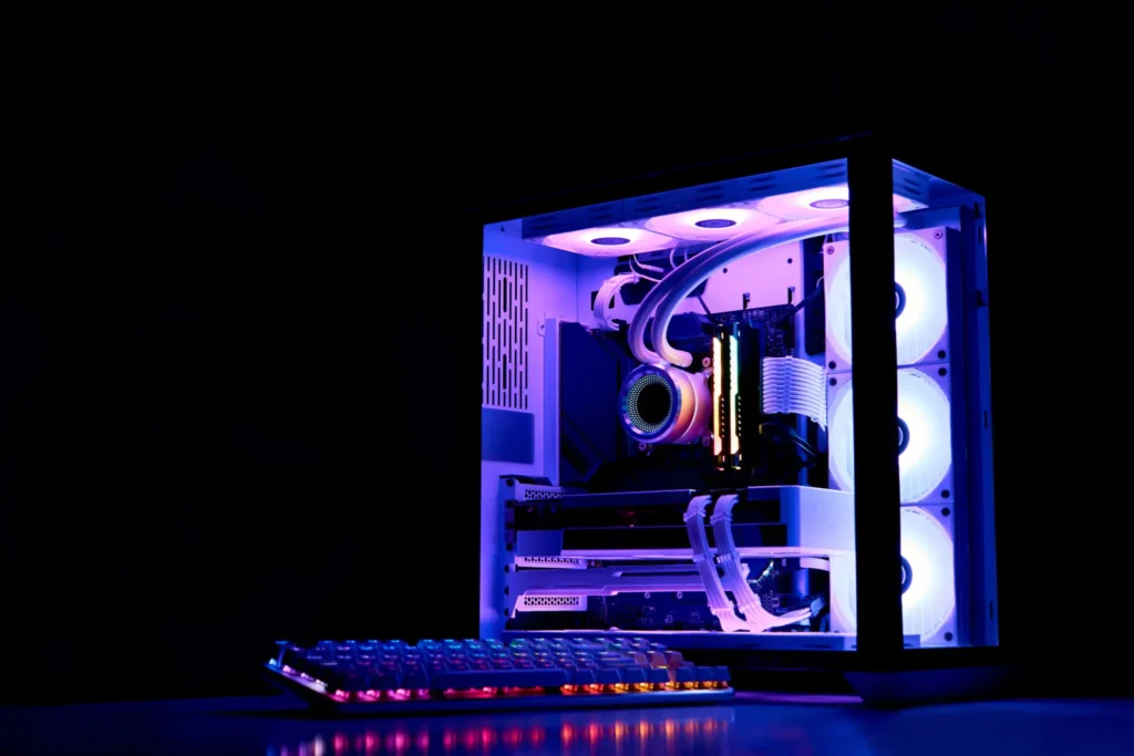 Custom-built PC with RGB lighting and liquid cooling, built by Cornerstone Computers